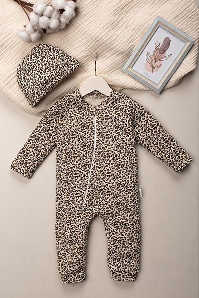 Mai Perla Baby Girl Romper Leopard Patterned Cotton and Zippered Hat Gift Long Sleeve Baby Romper 6-12 Months