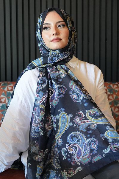 AFVENTE Μαλακό βαμβακερό σάλι Paisley Pattern Navy Blue