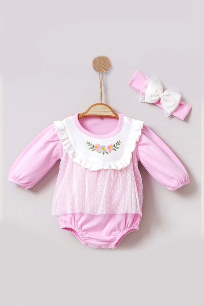 CNDR 3-12 Months Floral Embroidered Tulle Bandana Baby Girl Romper Pink