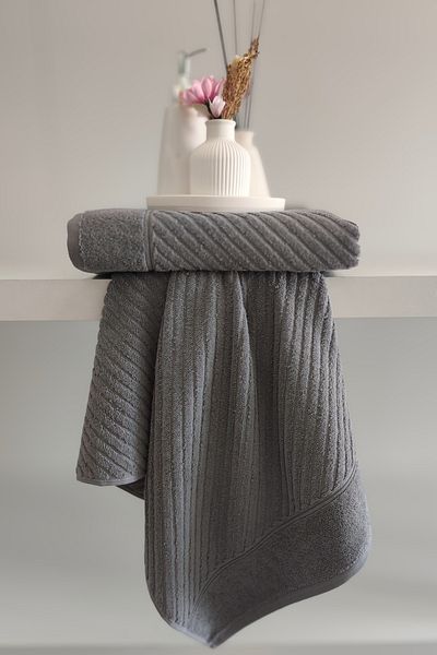 Sevim 100% Cotton Hand Towel Set of 2 - Modern Striped Design - Soft Textured - Anthracite