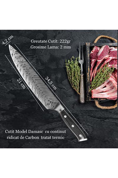 Köken Professional Damascus Kitchen Knife Koken, 21 Cm High Carbon Steel Blade, 34.5 Cm, Wooden Handle