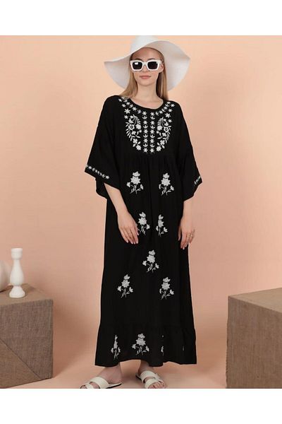 EL jadida Women's Embroidered Plus Size Long Viscose Dress White