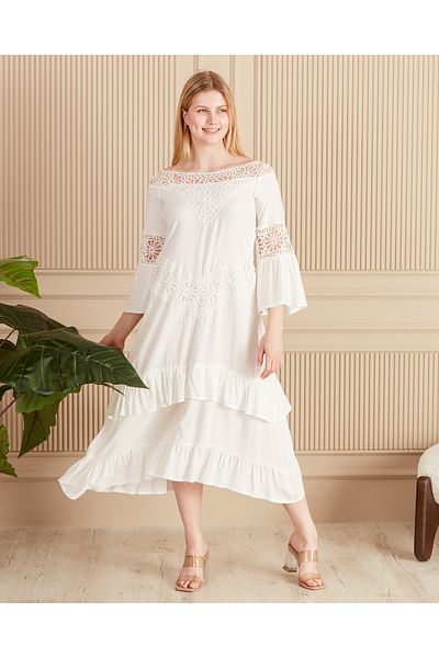EL jadida Women's Lace Ruffle Plus Size Viscose Long Dress White