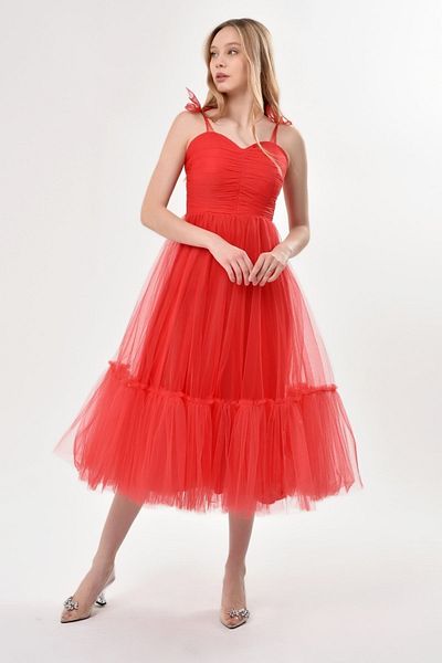 Asees Women's Evening Dress and Graduation Dress Colorful Tulle Evening Dress with Tie-Up Shoulders