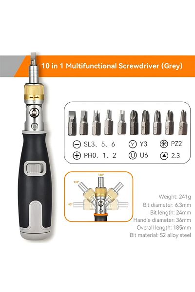 Choice Gray 10 In 1 Multi-angle Bidirectional Ratchet Screwdriver Adjustable Angle Hidden Bit Magazine Port