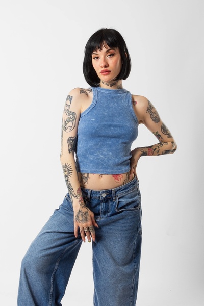 Bak Moda Crop Top albastru - cu nervuri și spălat scufundat, mânecă zero