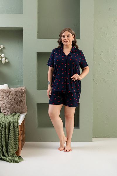 nisaNCa Комплект пижама с къс ръкав и риза Milan Plus Size - Супер мека материя - Пижама с шарка на ягоди