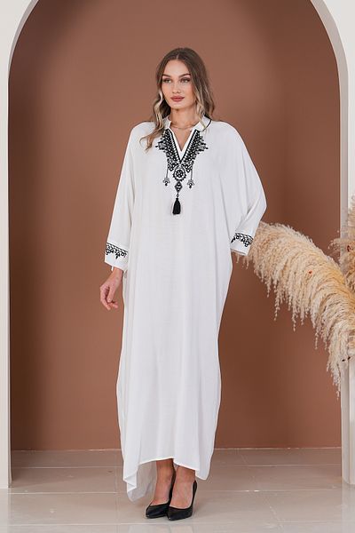 EMY TEKSTİL Women's Embroidered Plus Size Viscose Long Dress White