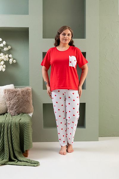 nisaNCa 100% Cotton Plus Size 3 Piece Pajamas Set for Women - Romantic Sleepwear with Tiny Heart Pattern in Red