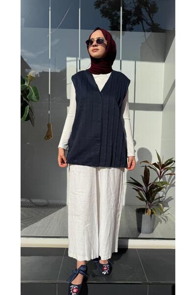 QOOQ STORE 25Ss609 Women's Serpent Vest with Stitching Detail Navy Blue