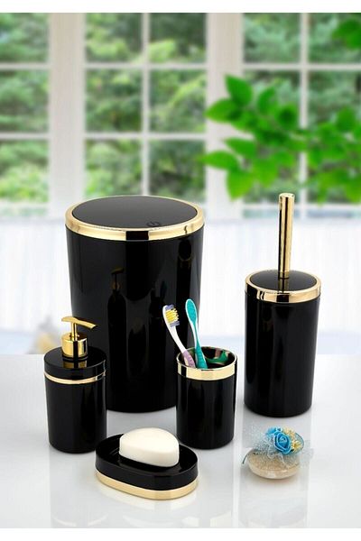 İmera Acrylic 5 Piece Bathroom Set Round Shiny Black-gold