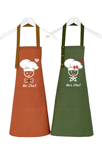 Hulganz Kitchen Apron Set of 2 Stain-Proof Water Repellent Fabric Chef Apron with Dowry Pocket Khaki & Brick Color Apron