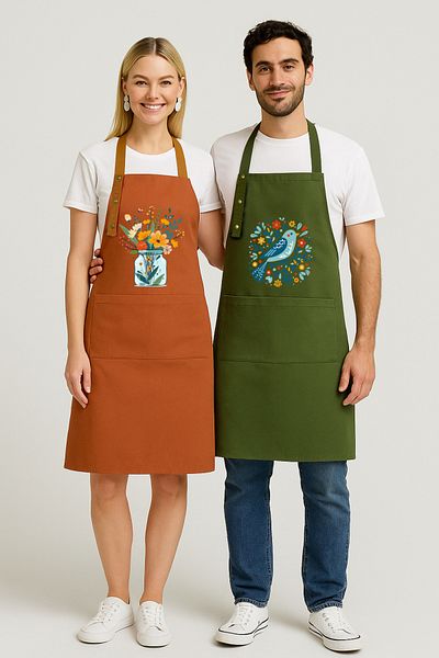 Hulganz Kitchen Apron Set of 2 Stain Resistant Water Repellent Fabric Colorfast Print Flower Bird Apron