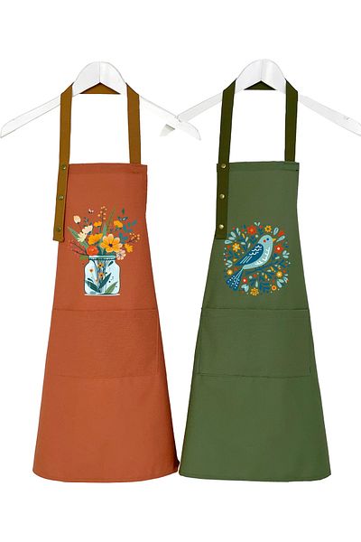 Hulganz Kitchen Apron Set of 2 Stain Resistant Water Repellent Fabric Colorfast Print Flower Bird Apron