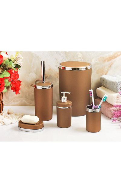 İmera Acrylic Made Silver Line Soft Bathroom Set 5-Piece Round Bathroom Set Brown