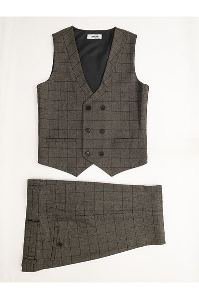 Micio Boy's Dark Gray Black Checkered Six Button Lined Vest Trousers Suit