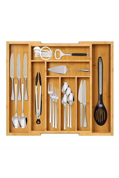 WELSMAR Suport Tacamuri Pentru Sertar, Bambus, Extensibil, 33.5-50 X 45.5 X 5 Cm, Crem