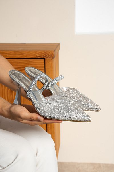 Cochines Pantofi de seară stiletto cu toc înalt pentru femei, argintiu, platină, cu detalii de piatră, papuci subțiri, utili
