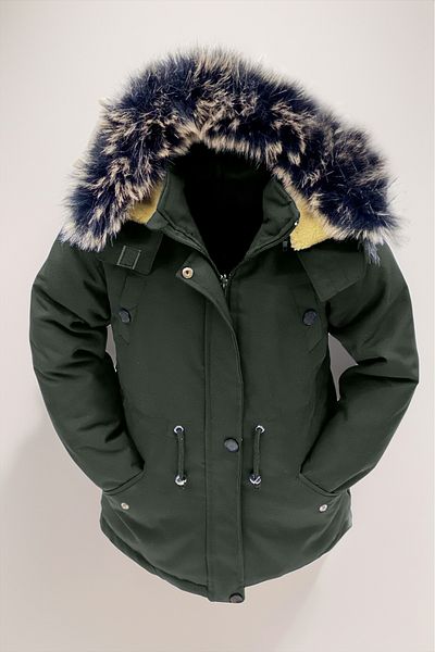 Asortik Kids Girls/Boys Unisex Winter Canvas Fabric Durable Over-The-Knee Fur Hooded Khaki Coat Coats