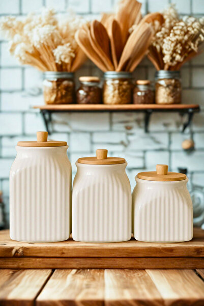 Woodcept. 3'lü Porselen Çay Kahve Şeker Tuz Kavanoz Seti, Ahşap Kapaklı Porse...