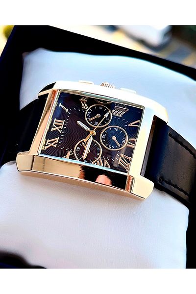 Weluxa Roman Numeral Gold Color Case Black Leather Band Men's Wristwatch in Special Box