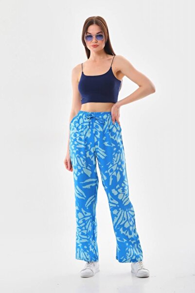 Polologin Butik Comfortable Fit Viscose Trousers Blue White Patterned