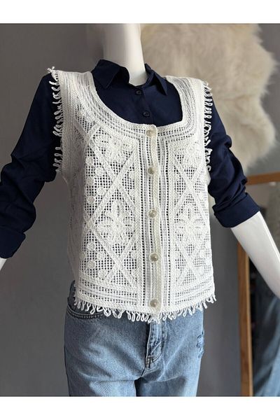merysare Women's Lace Detail Buttoned Knitwear Vest