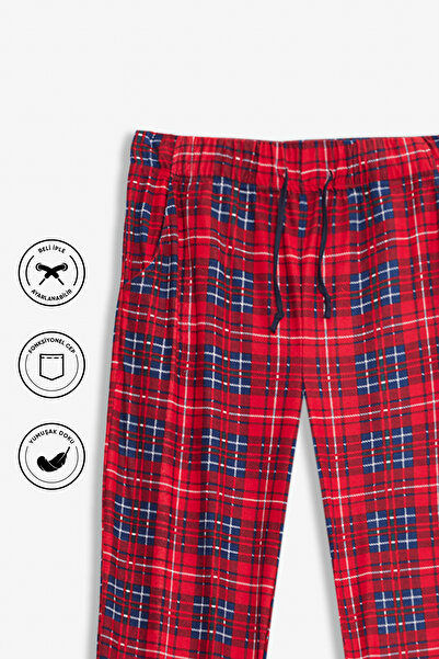 Elemge Kareli Erkek Pijama Altı Yumuşak Süet Kumaş Rahat Kesim Cepli Ipli Relax Fit Kırmızı Ekoseli Esnek