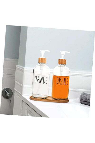ROYALGROSS Set of 2 Kitchen Liquid Soap Dispenser Hands&Dishes Bamboo Tray