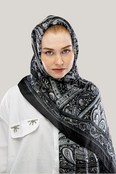 Hint İpek Onyx Ethnic Pattern Indian Silk Shawl