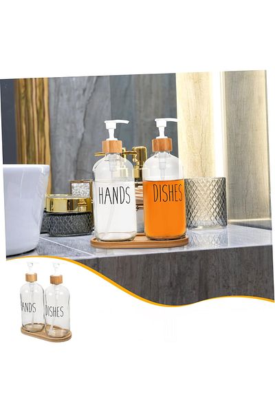 ROYALGROSS Set of 2 Kitchen Liquid Soap Dispenser Hands&Dishes Bamboo Tray