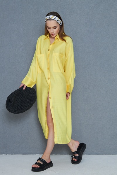 Pasaklı Giyim Women's Bat Sleeve Suitable for Hijab Shirt Dress Linen Blended Yellow Tunic 3282420