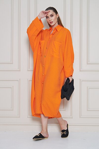 Pasaklı Giyim Women's Bat Sleeve Suitable for Hijab Shirt Dress Linen Blended Oversize Orange Tunic 3282420