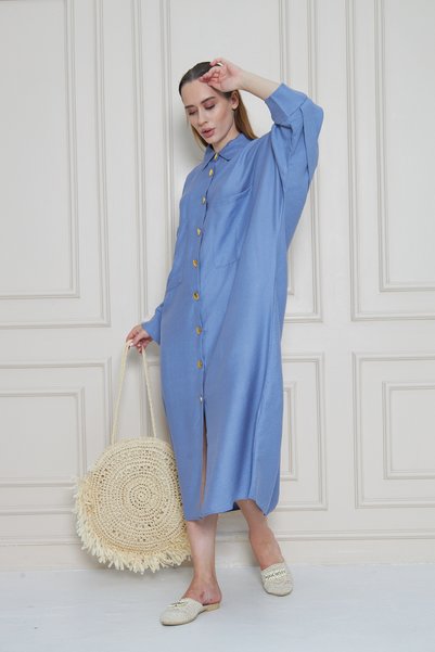 Pasaklı Giyim Women's Bat Sleeve Suitable for Hijab Shirt Dress Linen Blended Tunic Blue 700-3282528