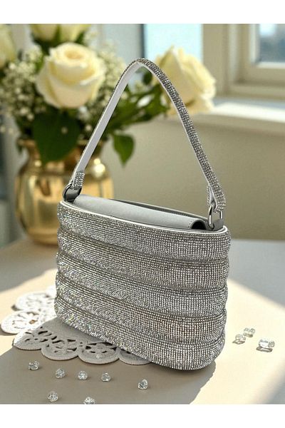Biçanta Silver Crystal Stone Evening Dress Bag – Sparkling Portfolio and Shoulder Use |   Night Elegance
