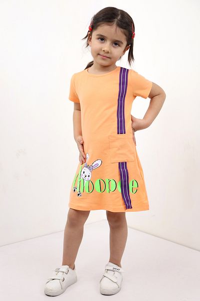 Toontoy Girl's Pocketed Striped Rabbit Printed Dress