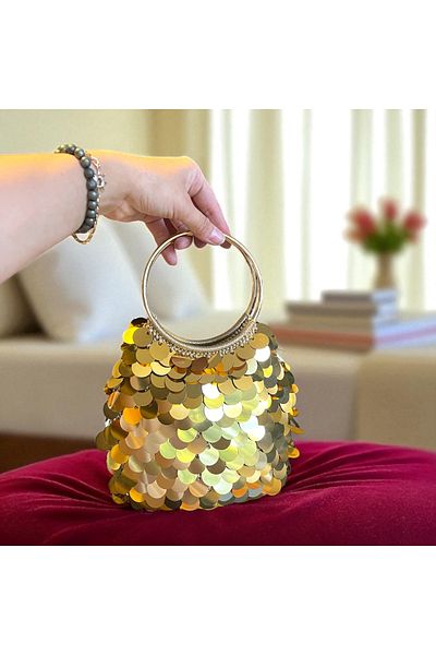 Nuggita Women's Handmade Gold Pul Sequence Knitted Stylish Hand Bag