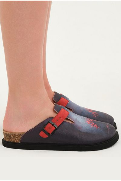 Lemoors Justine Natural Cork Sole Inner Genuine Leather Anthracite Color Design Printed Sabo Slippers
