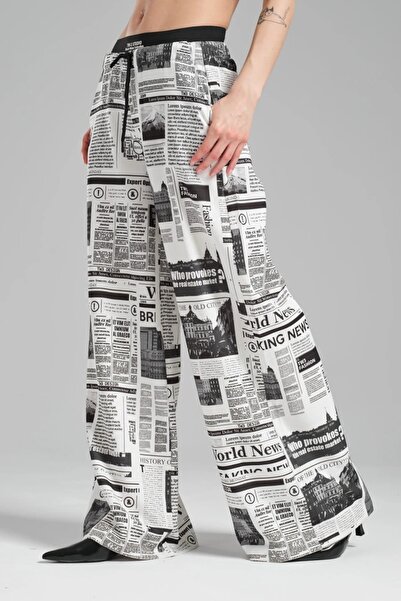 tw3 Women's Newspaper Printed Elastic Waist Design Trousers