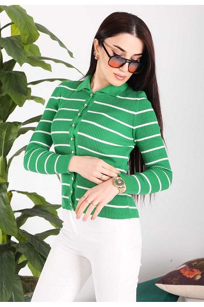 BOZKAYA ÖRME Striped Tie-Dye Polo Collar Seasonal Women's Cotton Cardigan