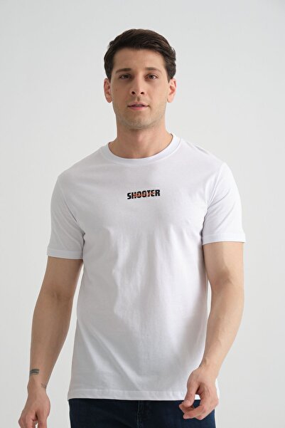 Shooter Мъжка тениска - бяла, с минималистичен принт, памучна, стандартна кройка