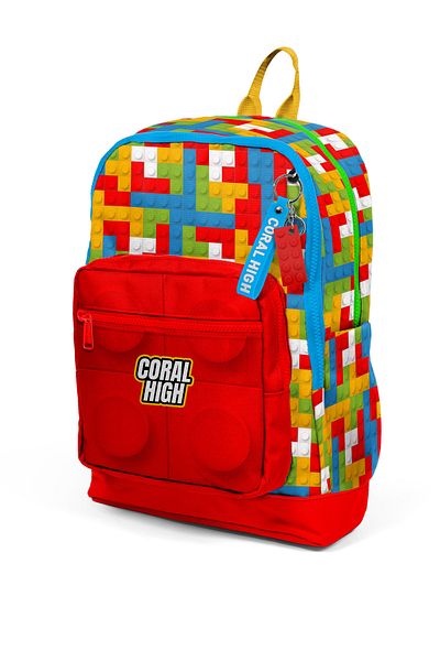 Coral High Kids Color Block Patterned Four Compartment School Backpack 23775