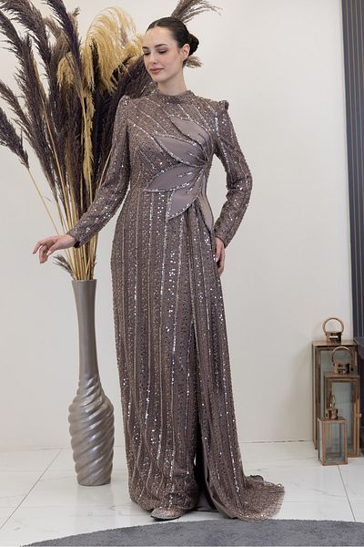 PİENNAR Burgundy Evening Dress with Flower Detail on the Waist