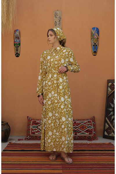 Fatma Atasoy Tie-Up Oil Green Floral Patterned Viscose Dress