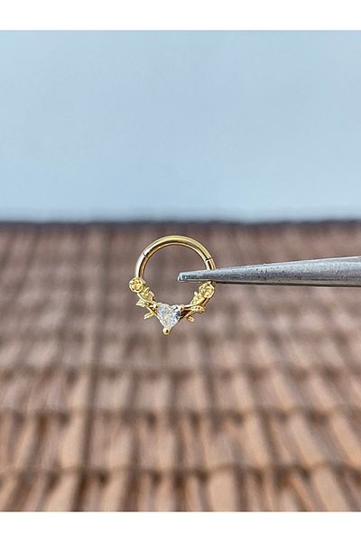 Rupen Kraft 316 L Surgical Steel Roses and Zircon Heart Interlocking Ring Piercing 8 mm X 1.2 mm