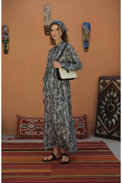 Fatma Atasoy Tie-Up Black Animal Patterned Viscose Dress