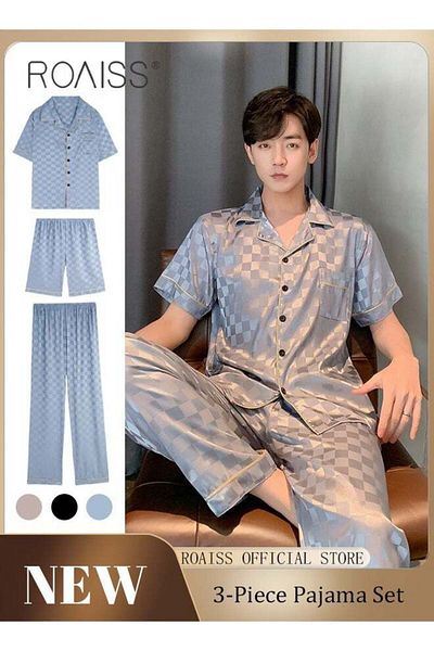 ROAISS 3-Piece Set Men's Short Sleeves Pajamas Pants Trousers Sleepwear Sets Satin Grid Printing Silk Night