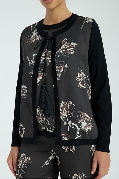 trikobis Tricot Cardigan with Flower Pattern on the Front Satin Fabric