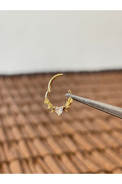 Rupen Kraft 316 L Surgical Steel Roses and Zircon Heart Interlocking Ring Piercing 8 mm X 1.2 mm