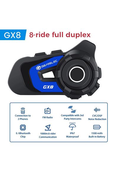 Choice Gx8 Blue Gearelec Gx8 دراجة نارية بلوتوث اتصال داخلي مشاركة الموسيقى 1500 متر 8 راكبين مجموعة خوذة اتصال